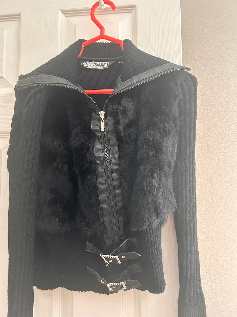 last kiss Black Faux Fur-Front Ribbed Zip Jacket with Buckle Detail
